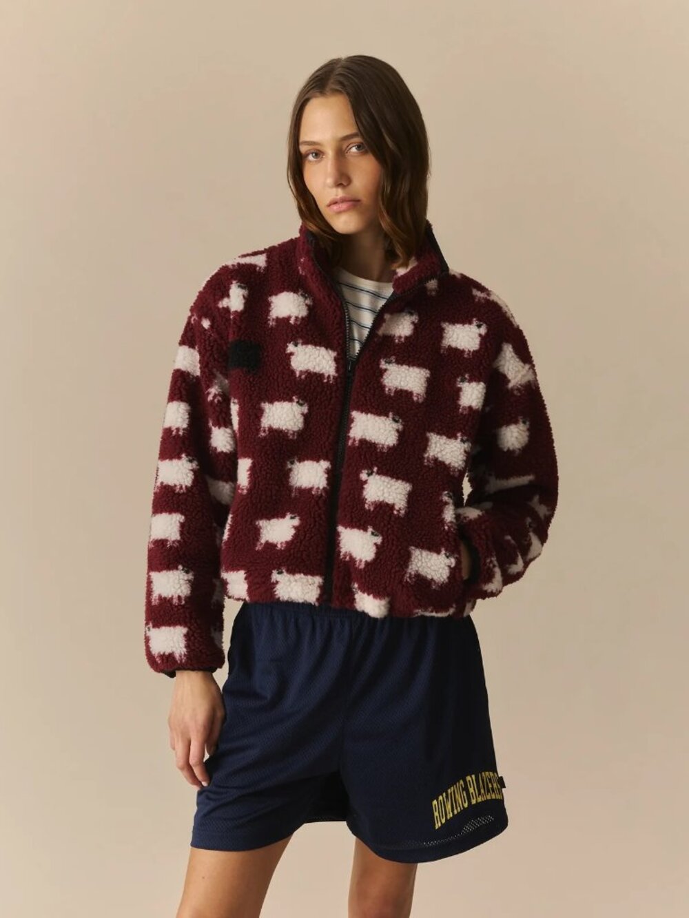 Rowing Blazers Caroline Cropped Sheep Sherpa in Burgundy, Size Medium